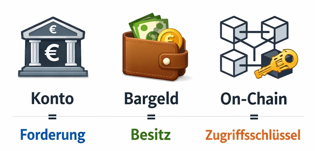 Unterschied zwischen Kontoguthaben als Forderung und Bargeld als Besitz im Bankensystem