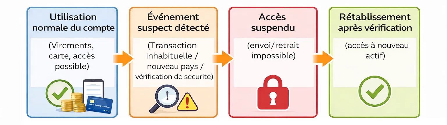 Déroulement d'un blocage de compte : vérification → accès suspendu → déblocage