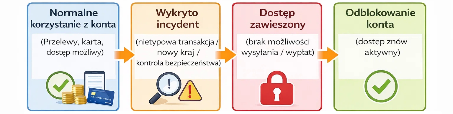 Procedura blokady konta: weryfikacja → nałożenie blokady → odblokowanie