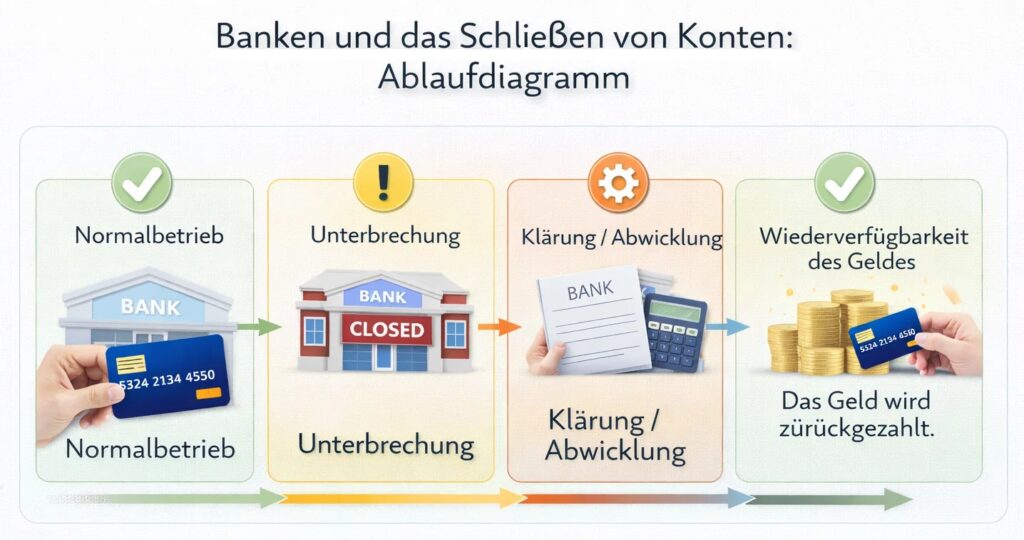 Ablauf einer Bankschließung und Auszahlung von Guthaben