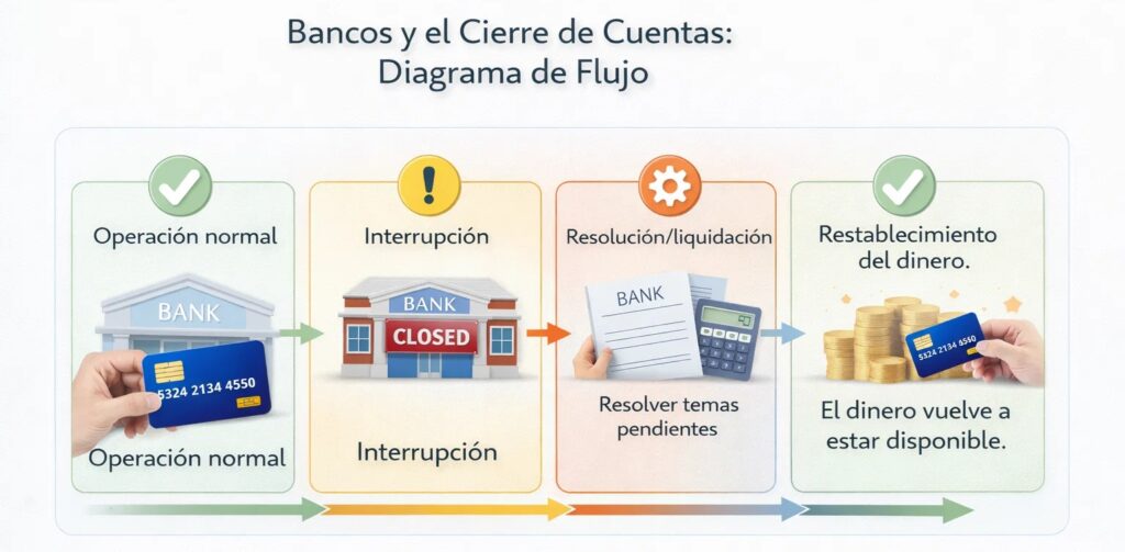 Procedimiento de cierre temporal de un banco, desde el funcionamiento normal hasta la disponibilidad del saldo.