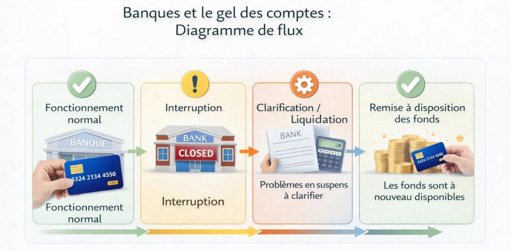 En cas de fermeture d'une banque, l'accès à ton argent est suspendu pendant que l'attribution est organisée.
