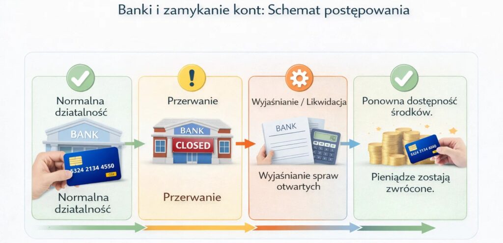 W przypadku zamknięcia banku lub banki dostęp do Twoich pieniędzy zostanie zawieszony na czas organizacji przyporządkowania.