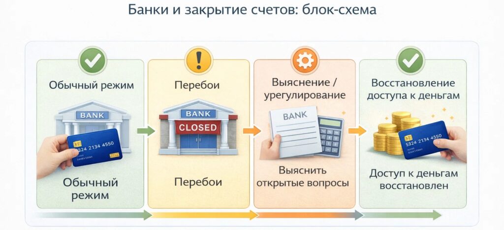 При закрытии банка доступ к твоим деньгам приостанавливается на время организации распределения средств.