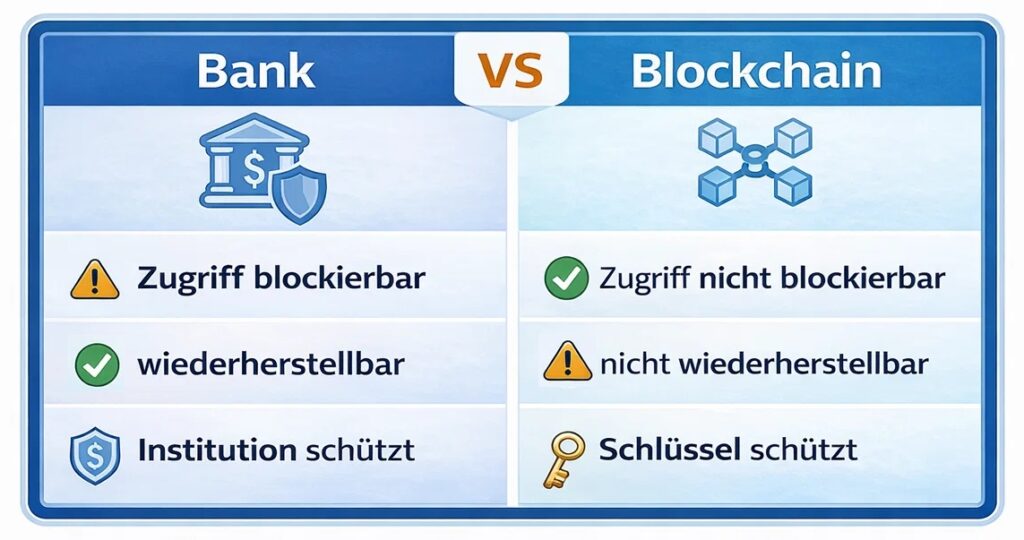 Vergleich zwischen Bankensystem und Blockchain (Krypto) beim Schutz des Zugriffs auf Geld