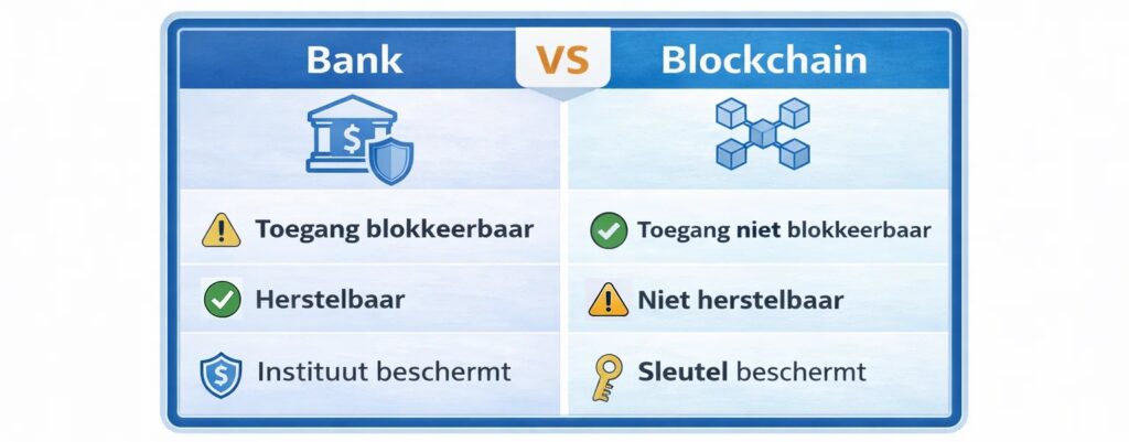 Vergelijking crypto versus bank: veiligheid en toegang zijn cruciaal.