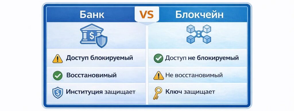 Сравнение криптовалюты и банка (RU)
Безопасность обеспечивается в зависимости от системы посредством управления или контроля владения.